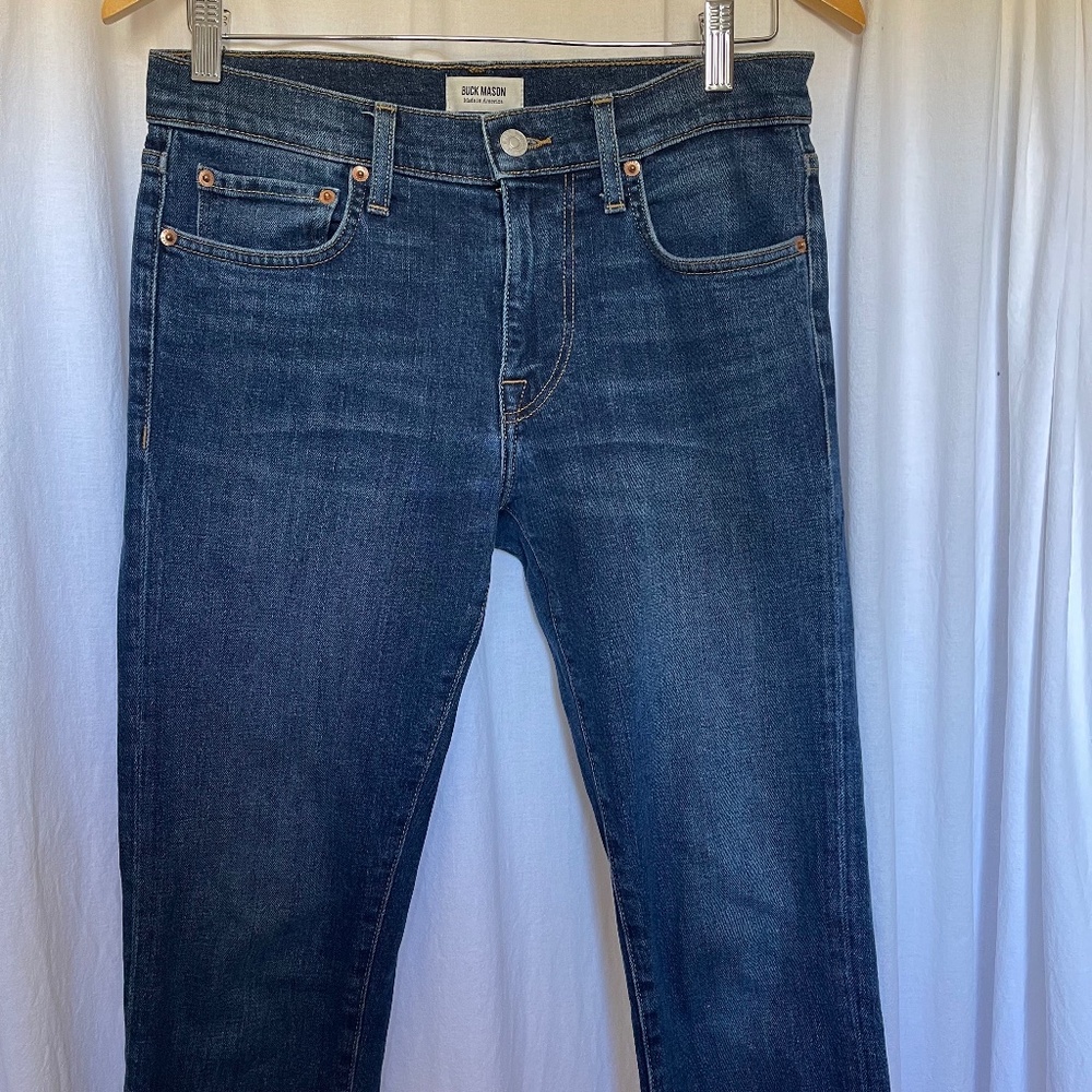 Buck Mason mid-dark-blue wash slim jeans made in Los Angeles, 28 x 33